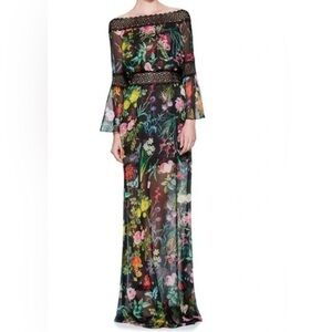 Rare / Nearly New - Full Length Off-the-Shoulder Long Sleeve Black Floral Gown